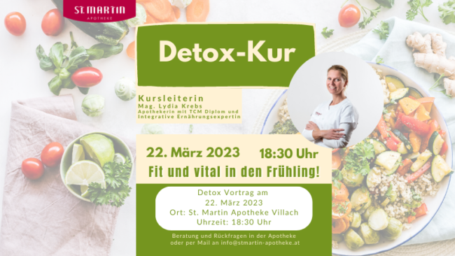 Detox Kur Website Detox Vortrag am 22.03.2023 um 18:30 Uhr in der St. Martin Apotheke